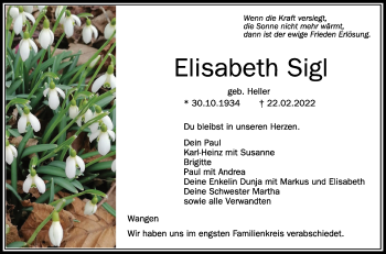 Anzeige von Elisabeth Sigl von Schwäbische Zeitung