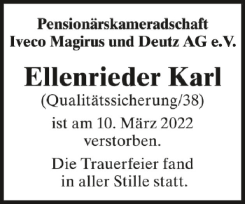 Anzeige von Ellenrieder Karl von Schwäbische Zeitung