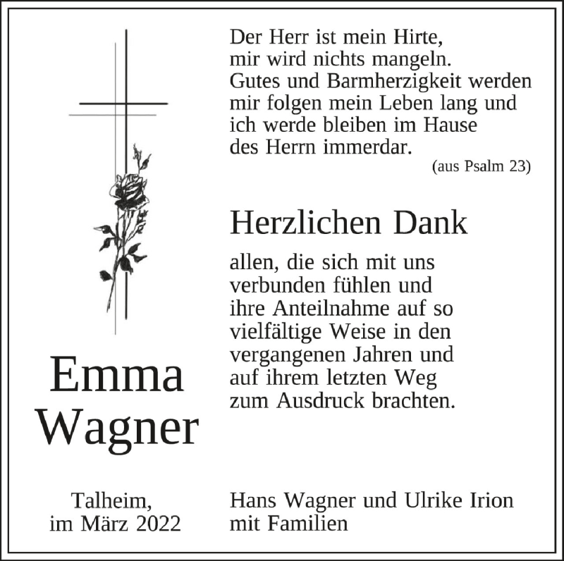  Traueranzeige für Emma Wagner vom 12.03.2022 aus Schwäbische Zeitung