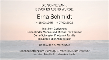 Anzeige von Erna Schmidt von Schwäbische Zeitung