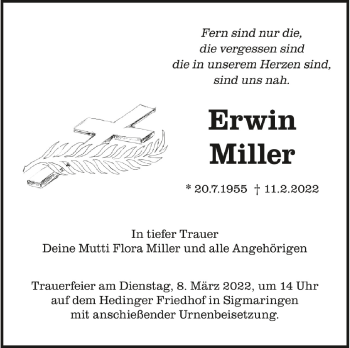 Anzeige von Erwin Miller von Schwäbische Zeitung