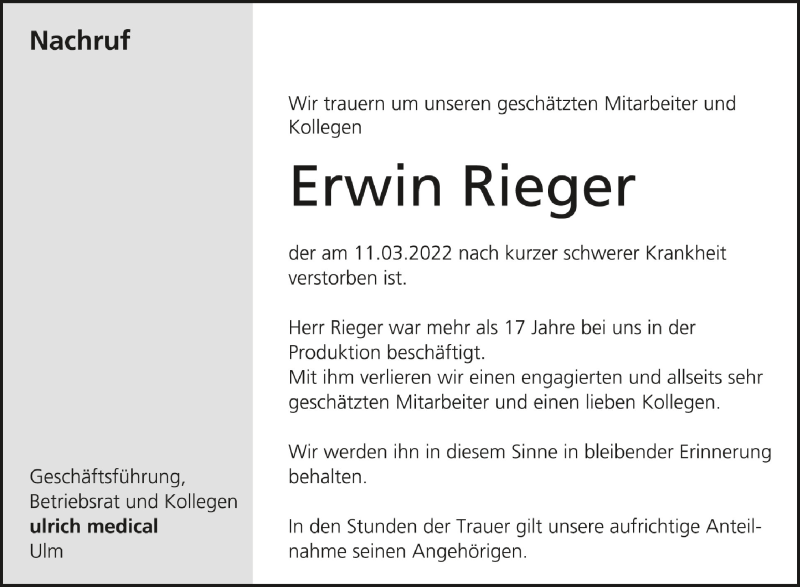  Traueranzeige für Erwin Rieger vom 22.03.2022 aus Schwäbische Zeitung