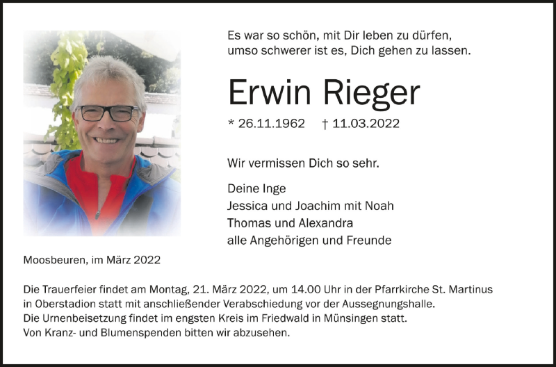  Traueranzeige für Erwin Rieger vom 16.03.2022 aus Schwäbische Zeitung