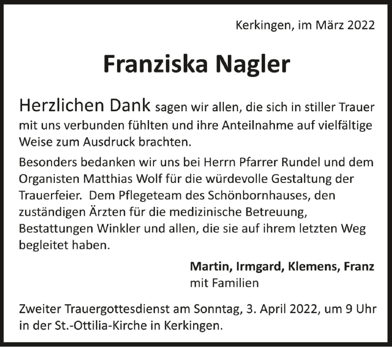  Traueranzeige für Franziska Nagler vom 31.03.2022 aus Schwäbische Zeitung