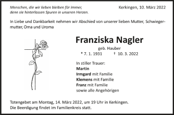 Anzeige von Franziska Nagler von Schwäbische Zeitung