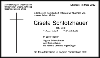 Anzeige von Gisela Schlotzhauer von Schwäbische Zeitung