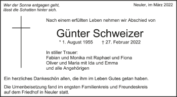 Anzeige von Günter Schweizer von Schwäbische Zeitung