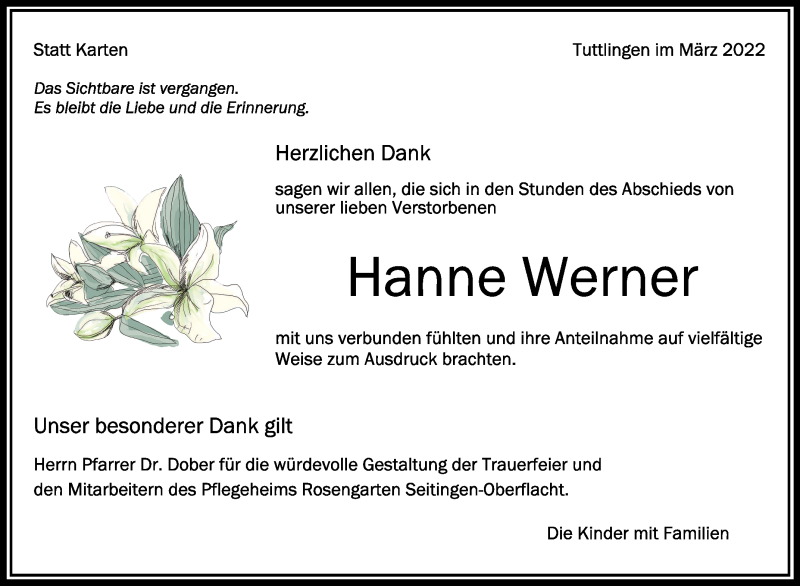  Traueranzeige für Hanne Werner vom 24.03.2022 aus Schwäbische Zeitung