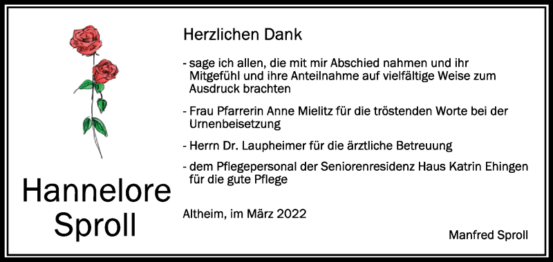  Traueranzeige für Hannelore Sproll vom 05.03.2022 aus Schwäbische Zeitung