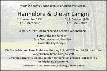 Anzeige von Hannelore und Dieter Längin von Schwäbische Zeitung