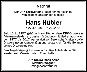 Anzeige von Hans Hübler von Schwäbische Zeitung