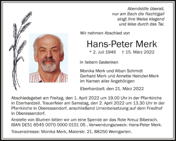 Anzeige von Hans-Peter Merk von Schwäbische Zeitung