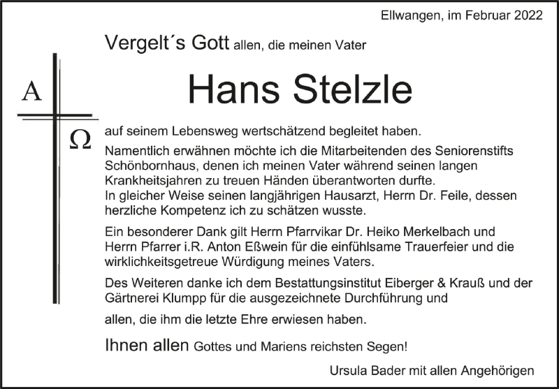  Traueranzeige für Hans Stelzle vom 02.03.2022 aus Schwäbische Zeitung