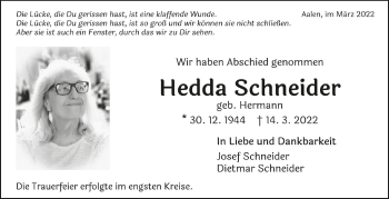 Anzeige von Hedda Schneider von Schwäbische Zeitung