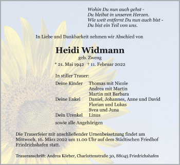 Anzeige von Heidi Widmann von Schwäbische Zeitung