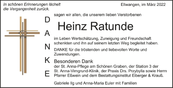 Anzeige von Heinz Ratunde von Schwäbische Zeitung