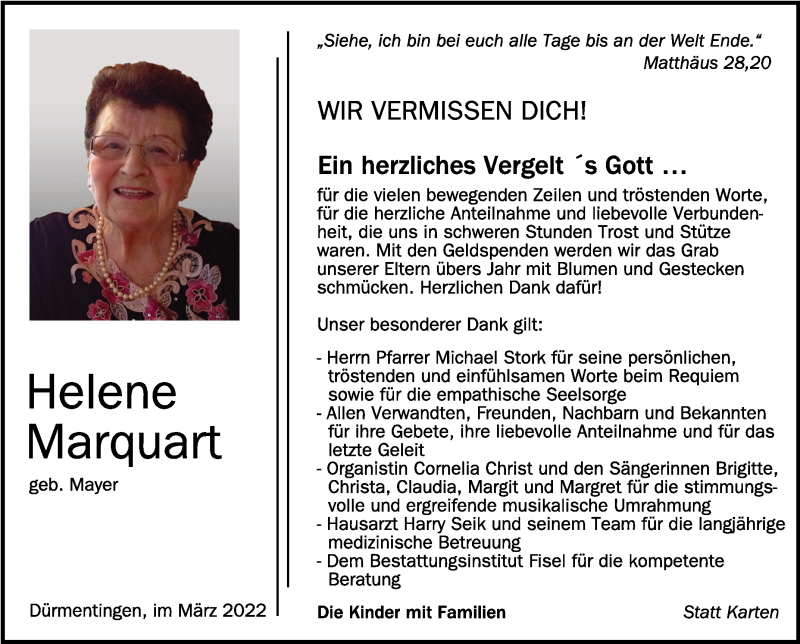  Traueranzeige für Helene Marquart vom 05.03.2022 aus Schwäbische Zeitung