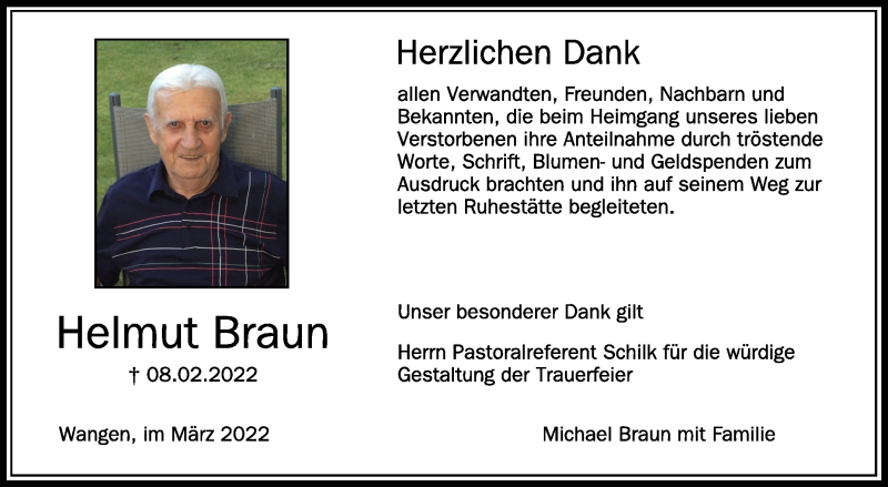  Traueranzeige für Helmut Braun vom 05.03.2022 aus Schwäbische Zeitung