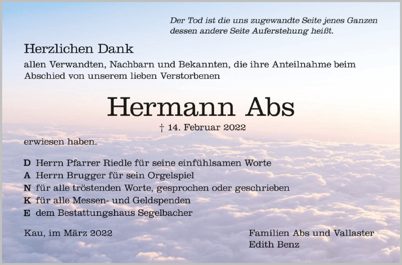  Traueranzeige für Hermann Abs vom 05.03.2022 aus Schwäbische Zeitung