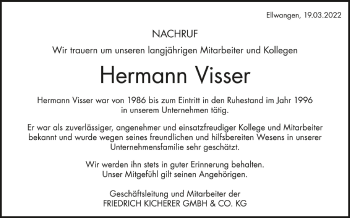 Anzeige von Hermann Visser von Schwäbische Zeitung