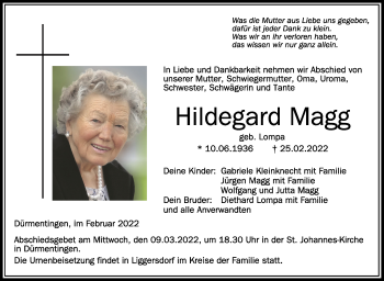 Anzeige von Hildegard Magg von Schwäbische Zeitung