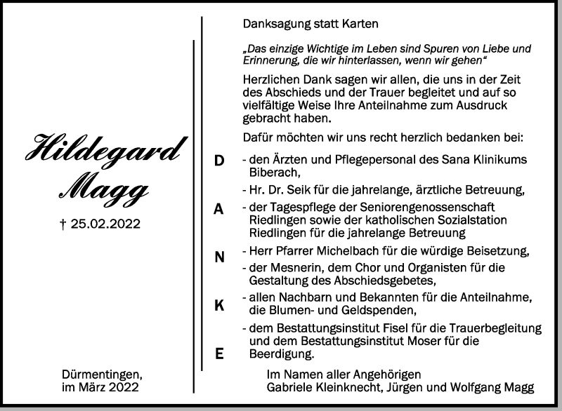  Traueranzeige für Hildegard Magg vom 19.03.2022 aus Schwäbische Zeitung