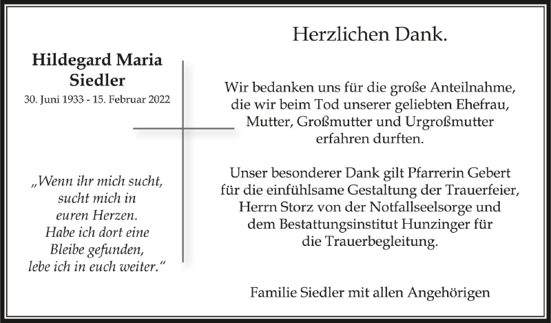  Traueranzeige für Hildegard Maria Siedler vom 04.03.2022 aus Schwäbische Zeitung