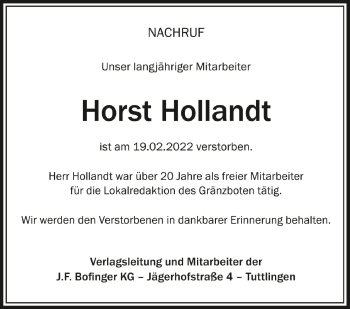 Anzeige von Horst Hollandt von Schwäbische Zeitung