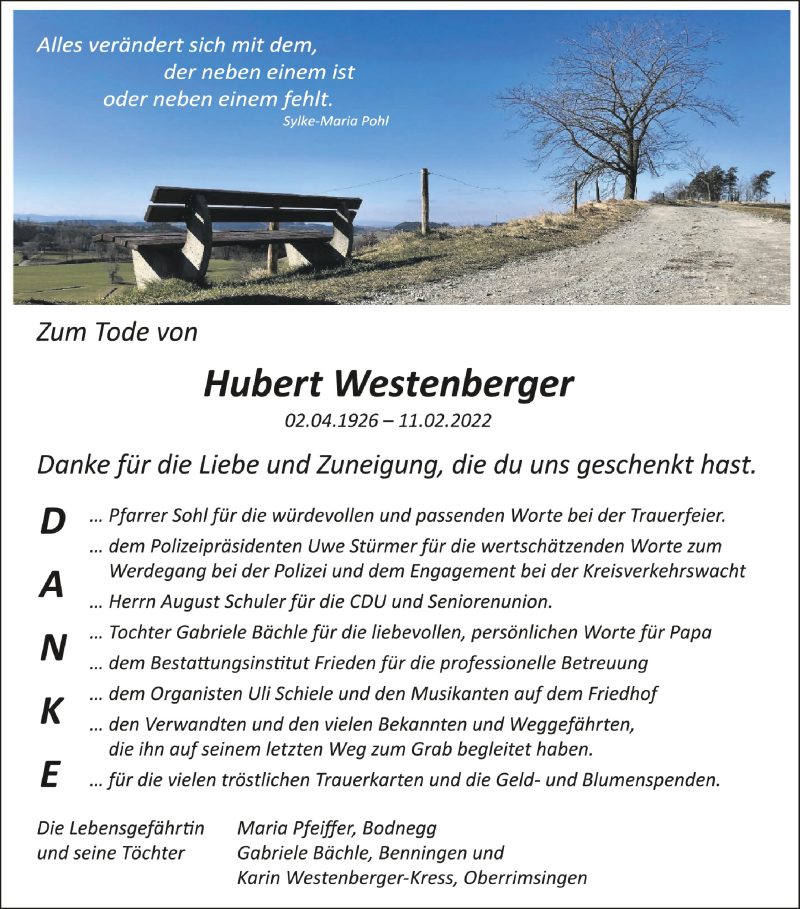  Traueranzeige für Hubert Westenberger vom 05.03.2022 aus Schwäbische Zeitung