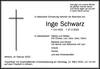 Anzeige von Inge Schwarz von Schwäbische Zeitung