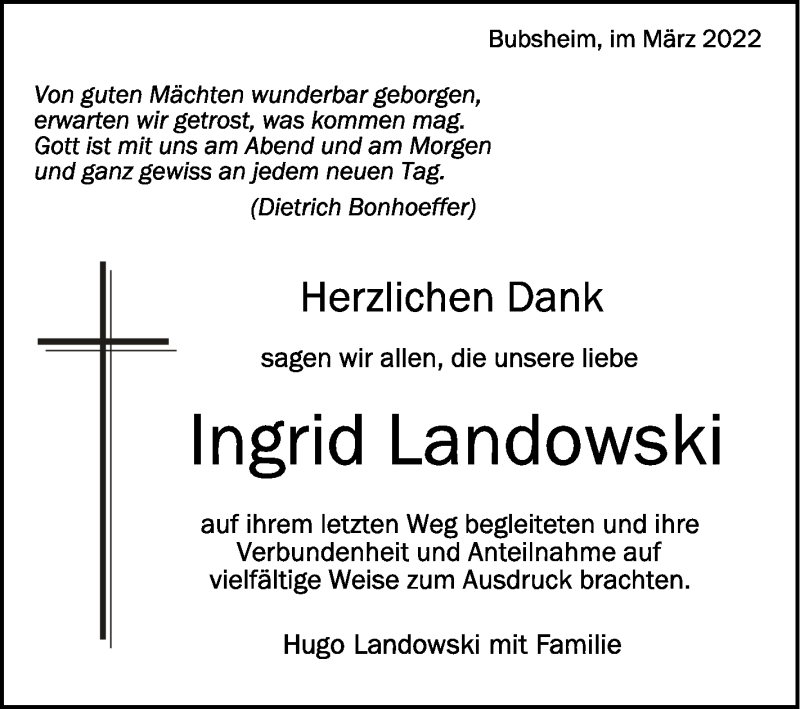  Traueranzeige für Ingrid Landowski vom 25.03.2022 aus Schwäbische Zeitung