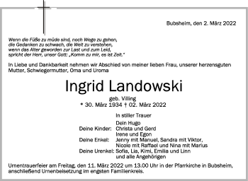 Anzeige von Ingrid Landowski von Schwäbische Zeitung