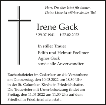 Anzeige von Irene Gack von Schwäbische Zeitung