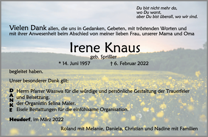  Traueranzeige für Irene Knaus vom 12.03.2022 aus Schwäbische Zeitung