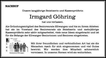 Anzeige von Irmgard Göhring von Schwäbische Zeitung