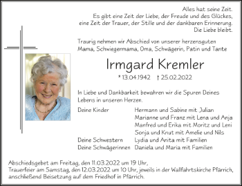 Anzeige von Irmgard Kremler von Schwäbische Zeitung