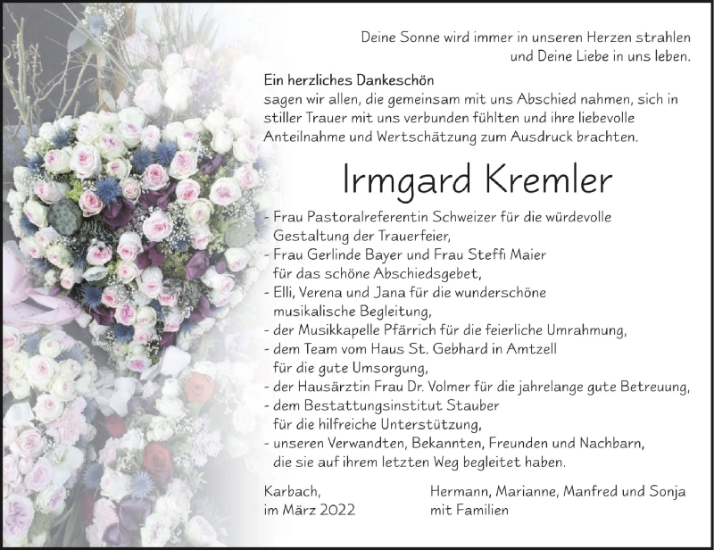  Traueranzeige für Irmgard Kremler vom 26.03.2022 aus Schwäbische Zeitung