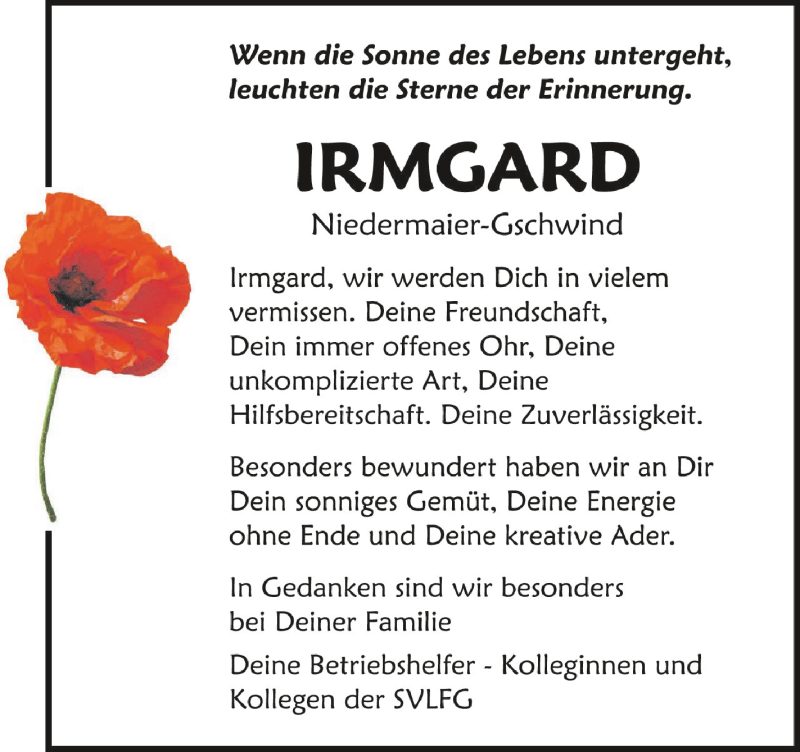  Traueranzeige für Irmgard Niedermaier-Gschwind vom 12.03.2022 aus Schwäbische Zeitung