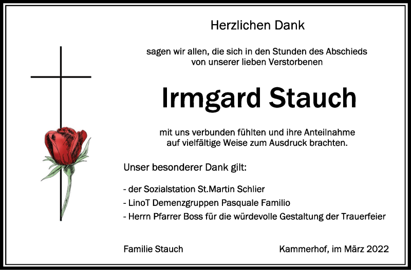  Traueranzeige für Irmgard Stauch vom 09.03.2022 aus Schwäbische Zeitung