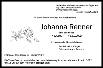 Anzeige von Johanna Renner von Schwäbische Zeitung