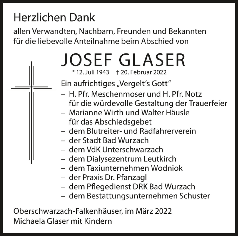  Traueranzeige für Josef Glaser vom 19.03.2022 aus Schwäbische Zeitung