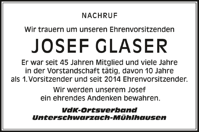  Traueranzeige für Josef Glaser vom 01.03.2022 aus Schwäbische Zeitung