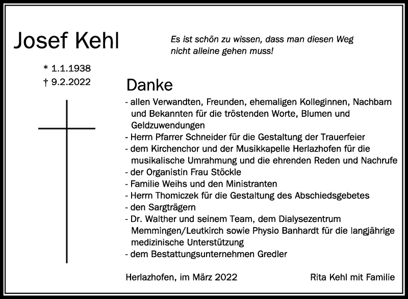  Traueranzeige für Josef Kehl vom 05.03.2022 aus Schwäbische Zeitung