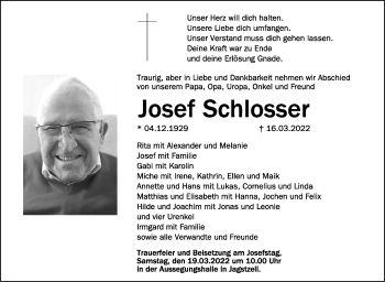 Anzeige von Josef Schlosser von Schwäbische Zeitung