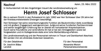 Anzeige von Josef Schlosser von Schwäbische Zeitung