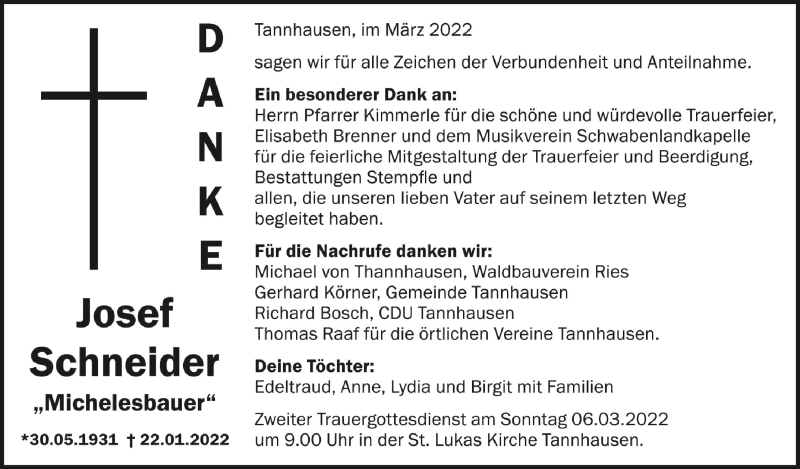  Traueranzeige für Josef Schneider vom 04.03.2022 aus Schwäbische Zeitung