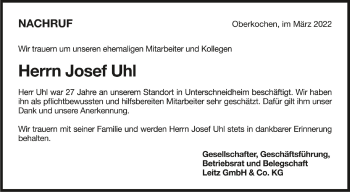 Anzeige von Josef Uhl von Schwäbische Zeitung