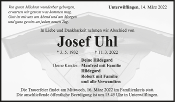 Anzeige von Josef Uhl von Schwäbische Zeitung