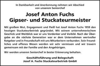 Anzeige von Josef Anton Fuchs von Schwäbische Zeitung