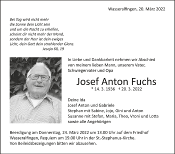 Anzeige von Josef Anton Fuchs von Schwäbische Zeitung